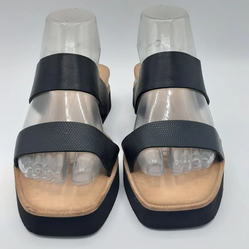Dolce Vita Black Croc Embossed Double Strap Slip-On Sandal.